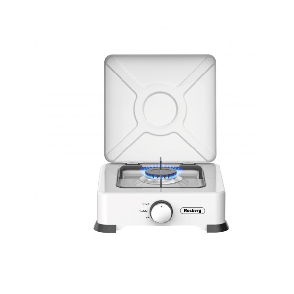 Ühekordne gaasipliit kaanega rosberg r51454e1, 30mbar2.2kwh, valge, süsiteras, valualumiiniumpõlemi