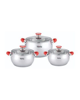 Pottide komplekt voltz ov51210n6b, 18/20/22 cm = 2,5/3,5/4,6 l, punased käepidemed, roostevaba teras