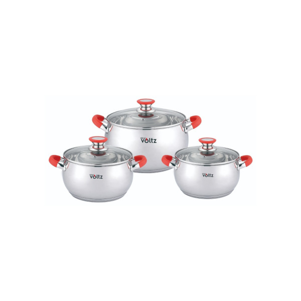 Pottide komplekt voltz ov51210n6b, 18/20/22 cm = 2,5/3,5/4,6 l, punased käepidemed, roostevaba teras