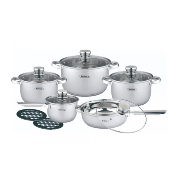 Rosberg r51210l12bm, 12-osaline köögitarvete komplekt, 2-osaline alus, roostevabast terasest