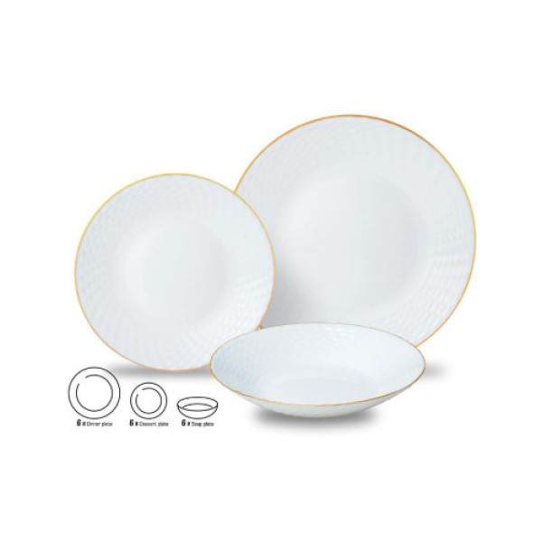 Klaastaldrikud, 18 tk komplekt (õhtusöök, magustoit, supp), opaal, valge kuldse kaunistusega, kingho