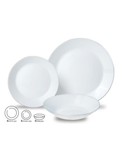 Klaastasside komplekt, 18 osa (õhtusöögi-, magustoidu- ja supitaldrikud), opaalkollane valge hõbedas Klaastasside komplekt, 18 osa (õhtusöögi-, magustoidu- ja supitaldrikud), opaalkollane valge hõbedas