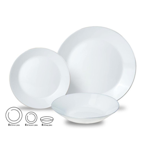 Klaastasside komplekt, 18 osa (õhtusöögi-, magustoidu- ja supitaldrikud), opaalkollane valge hõbedas