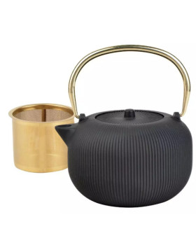 Malmist teekann sõelaga, emailitud sisemusega, 1-liitrine mahutavus, must kuldse käepidemega, kingho