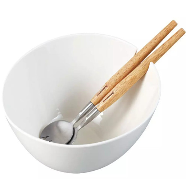 Keraamiline salatikauss, valge, terasest lusikate ja puidust käepidemetega komplektiga, klausberg, k