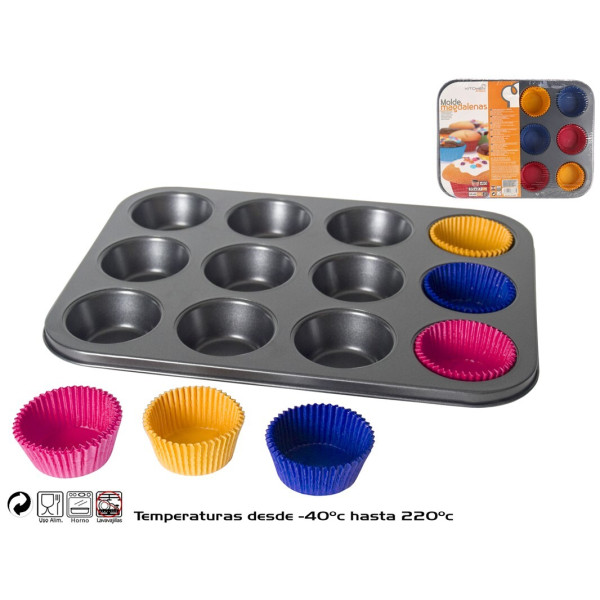 Mittenakkuv terasest muffinivorm 12 muffinile, ø6 cm, 60 pabervormiga, 3 × 26 × 35 cm, kitchen&go