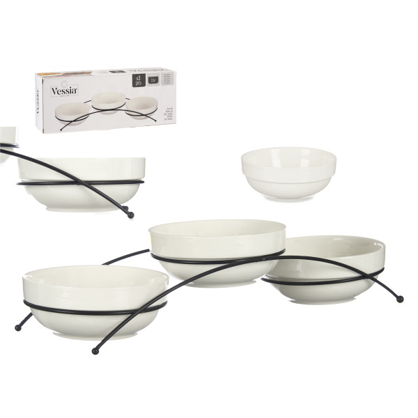 3 valge portselanist kausi komplekt alusega, 350 ml, 86490, vessia