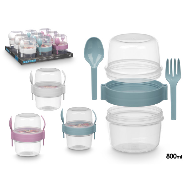 Plastikust konteiner söögiriistadega, 800 ml, 3 värvi, 13.8×12.5×10.2 cm, 94909, leknes