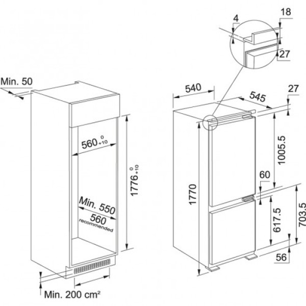 Külmik franke, integreeritav, 177 cm, 264/63 l, 38 db, elektrooniline, nofrost, valge