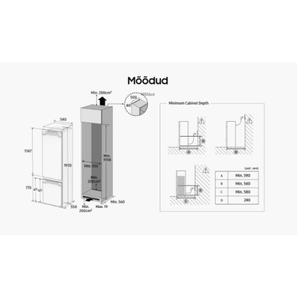 Külmik samsung, integreeritav, 193 cm, 224/74 l, 35 db, elektrooniline juhtimine, nofrost, valge Kodumasinad