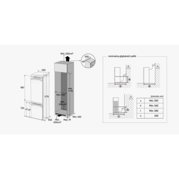Külmik samsung, 177 cm, 193/74 l, 35 db, integreeritav, nofrost, elektrooniline juhtimine, valge