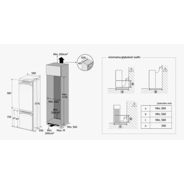 Külmik samsung, 177 cm, 190/74 l, 35 db, integreeritav, nofrost, elektrooniline juhtimine, valge