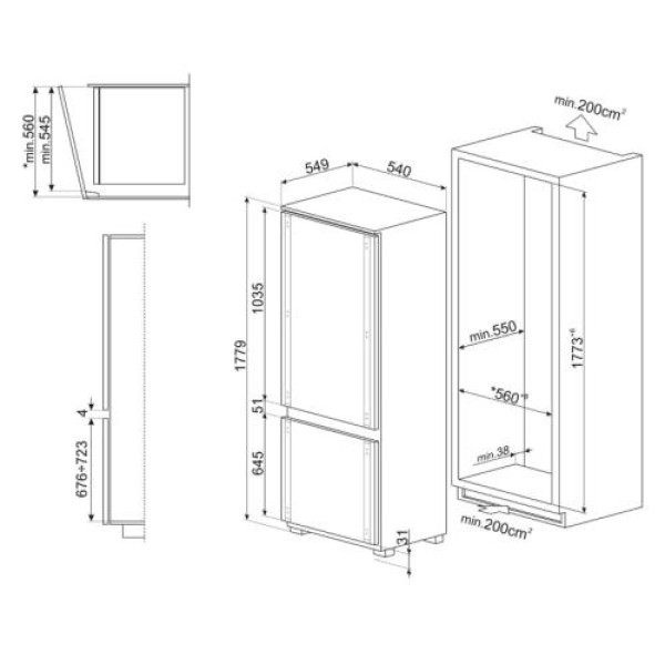 Külmik smeg, integreeritav, 178 cm, 196/73 l, 34 db, puutetundlik juhtimine, valge