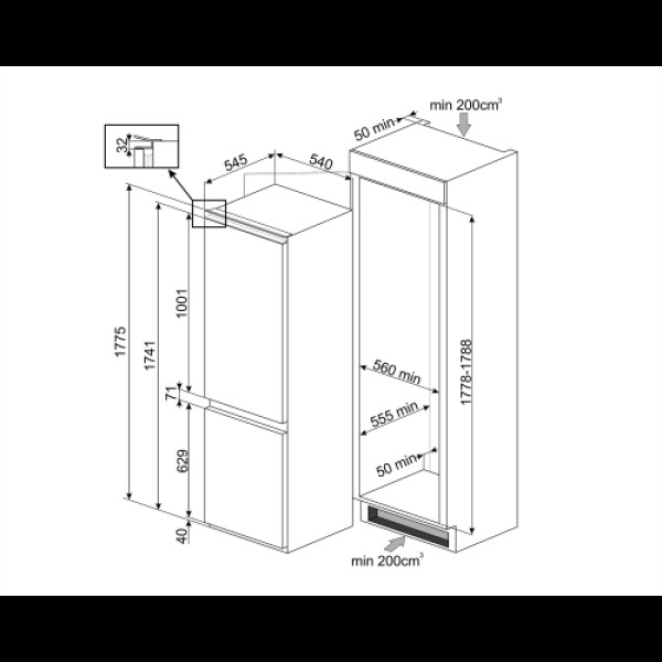 Külmik smeg, integreeritav, 178 cm, 185/69 l, 38 db, puutetundlik, total nofrost, valge Kodumasinad