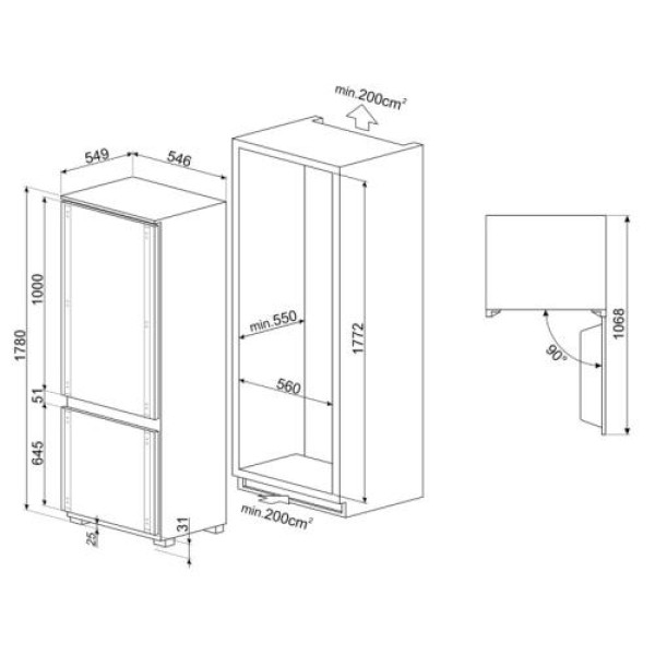 Külmik smeg, integreeritav, 178 cm, 186/62 l, 34 db, puutetundlik, total nofrost, valge