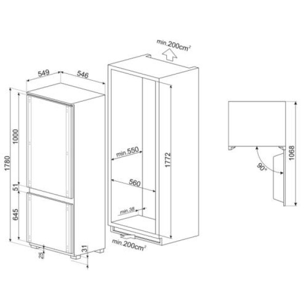 Külmik smeg, integreeritav, 178 cm, 186/62 l, 35 db, puutetundlik, total nofrost, valge