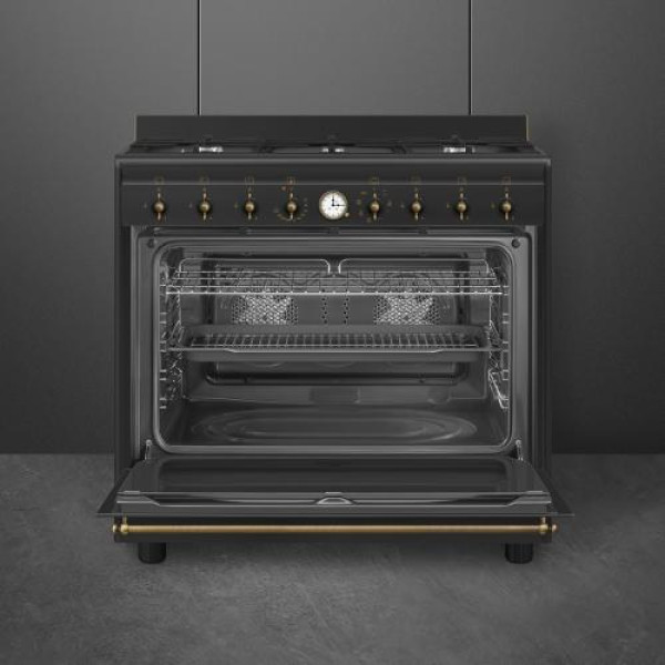 Gaasipliit smeg colonial, 6 x gaas, elektriahi, aurupuhastus, 90 cm, antratsiit/antiikne messing