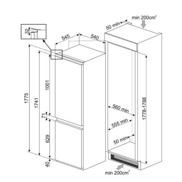 Külmik smeg, integreeritav, 178 cm, 185/69 l, 38 db, puutetundlik, total nofrost, valge