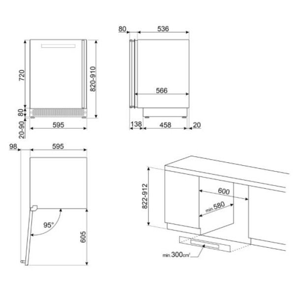 Veinikülmik smeg linea, 82 cm, integreeritav tööpinna alla, 114 l, vasak, neptuun hall Kodumasinad