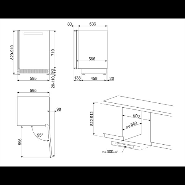 Veinikülmik smeg classic, integreeritav tööpinna alla, 114 l, 82 cm, vasak, rv teras/must Kodumasinad