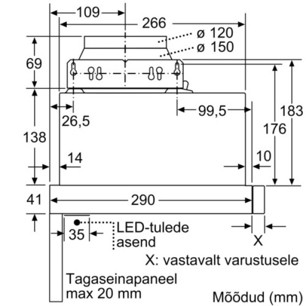 Õhupuhastaja bosch, integreeritav, teleskoop, 60 cm, 400 m3/h, 69 db, hõbedane Kodumasinad