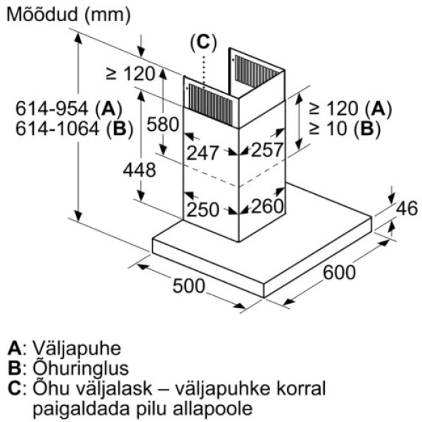 Õhupuhastaja bosch, seina, 60 cm, 671 m³/h, 60 db, rv teras