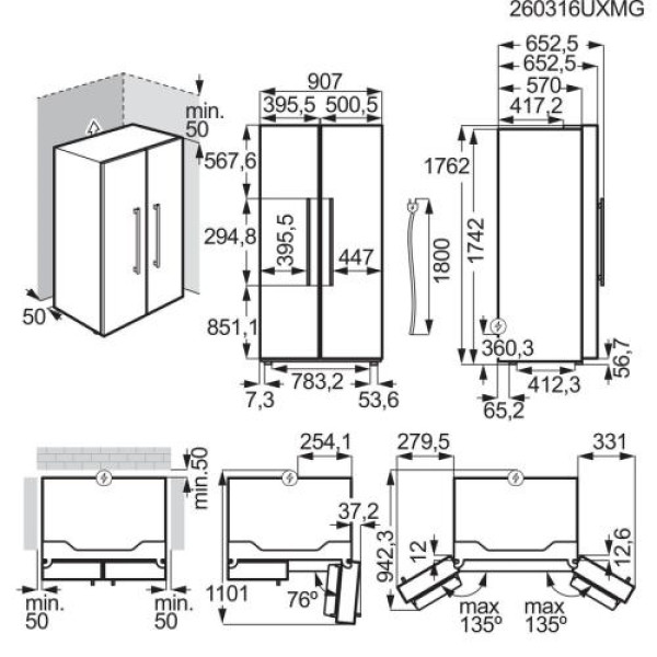 Külmik electrolux, side-by-side, 177 cm, 347/185 l, 39 db, puutetundlik, nofrost, must
