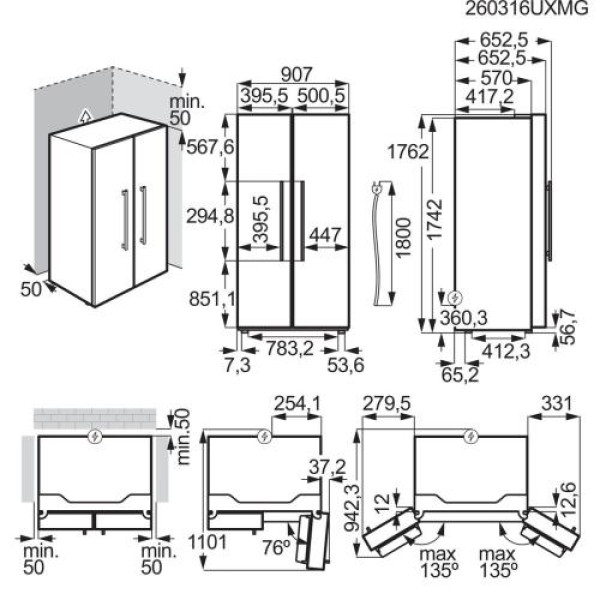 Külmik electrolux, side-by-side, 177 cm, 347/185 l, 39 db, puutetundlik, nofrost, rv teras