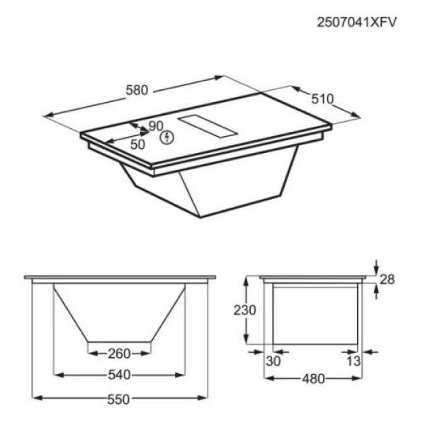 Õhupuhastiga pliidiplaat electrolux, 4 x induktsioon, 58 cm, 630 m3/h, 66 db, lõigatud servad, must