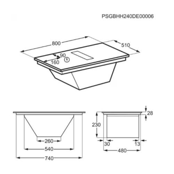 Õhupuhastiga pliidiplaat electrolux, 4 x induktsioon, 80 cm, 650 m3/h, 66 db, lõigatud servad, must