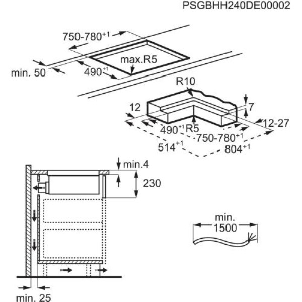 Õhupuhastiga pliidiplaat electrolux, 4 x induktsioon, 80 cm, 650 m3/h, 71 db, lõigatud servad, matt must
