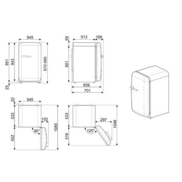 Jahekapp smeg, 50-ndate stiil, 97 cm, 135 l, 35 db, mehaaniline juhtimine, parem, itaalia lipuvärvid Kodumasinad