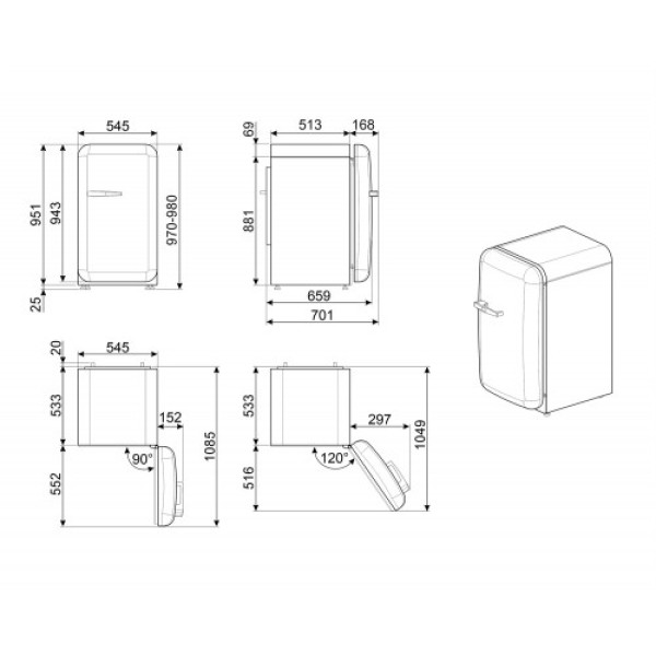 Jahekapp smeg, 50-ndate stiil, 97 cm, 135 l, 35 db, mehaaniline juhtimine, parem, pastellsinine Kodumasinad