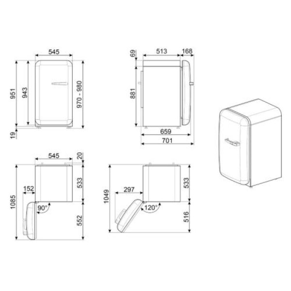 Külmik smeg, 50-ndate stiil, 97 cm, 105/17 l, 37 db, mehaaniline juhtimine, vasak, kreem