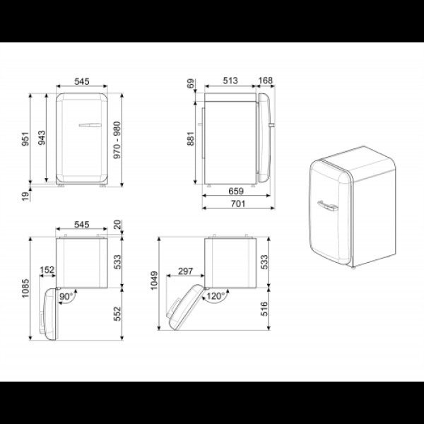 Külmik smeg, 50-ndate stiil, 97 cm, 105/17 l, 37 db, mehaaniline juhtimine, vasak, oranž Kodumasinad