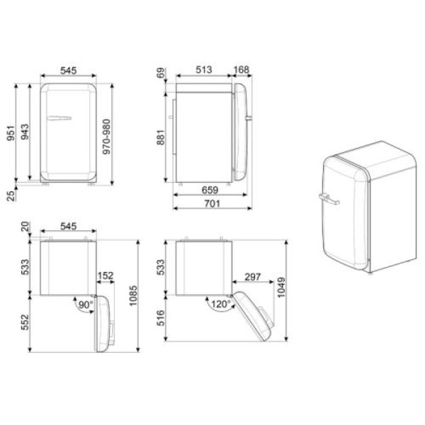 Külmik smeg, 50-ndate stiil, 97 cm, 17/105 l, 35 db, mehaaniline juhtimine, parem, pastellsinine