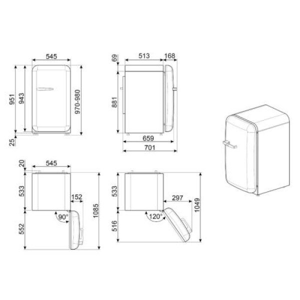 Külmik smeg, 50-ndate stiil, 97 cm, 17/105 l, 35 db, mehaaniline juhtimine, parem, pastellroheline