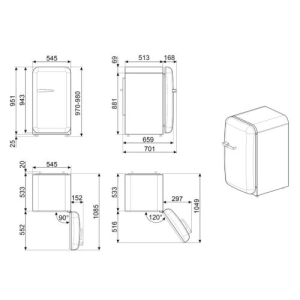 Külmik smeg, 50-ndate stiil, 97 cm, 17/105 l, 35 db, mehaaniline juhtimine, parem, valge