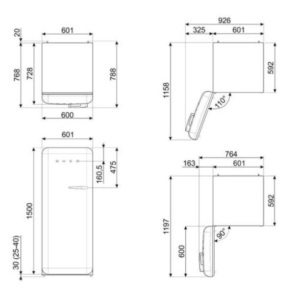 Külmik smeg, 50-ndate stiil, 153 cm, 244/26 l, 35 db, mehaaniline juhtimine, vasak, oranž