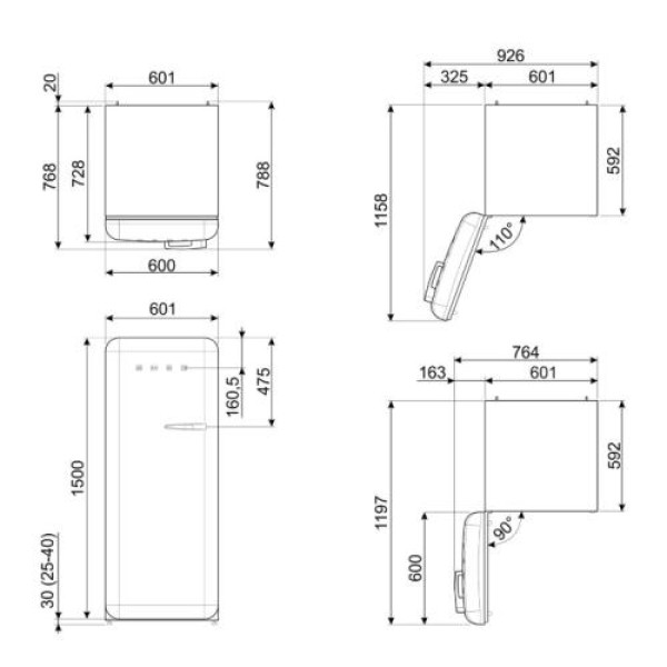 Külmik smeg, 50-ndate stiil, 153 cm, 244/26 l, 35 db, mehaaniline juhtimine, vasak, pastellsinine