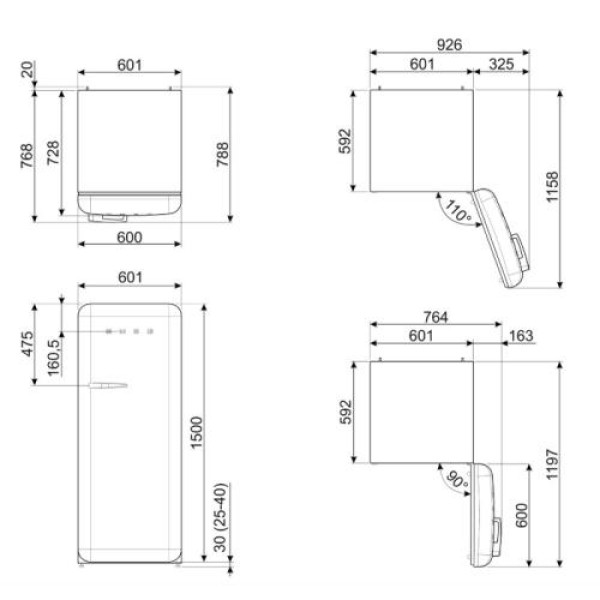 Külmik smeg, 50-ndate stiil, 153 cm, 244/26 l, 35 db, mehaaniline juhtimine, must
