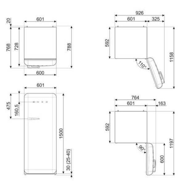 Külmik smeg, 50-ndate stiil, 153 cm, 244/26 l, 35 db, mehaaniline juhtimine, parem, taupe