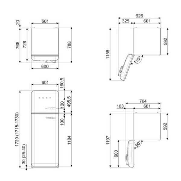 Külmik smeg, 50-ndate stiil, 172 cm, 222/72 l, 34 db, mehaaniline juhtimine, kreem