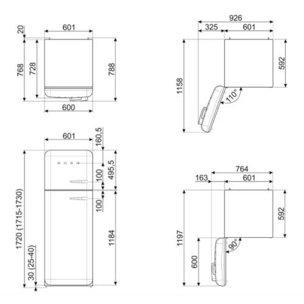 Külmik smeg, 50-ndate stiil, 172 cm, 222/72 l, 34 db, vasak, mehaaniline juhtimine, pastellroosa