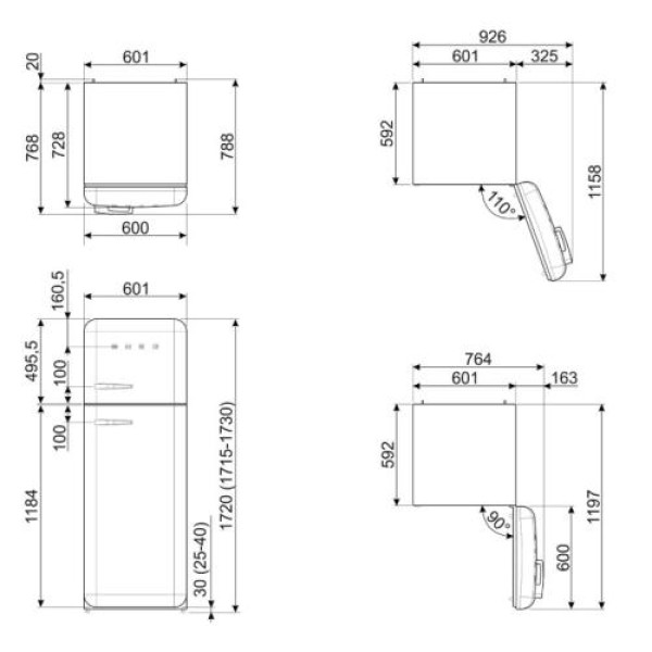 Külmik smeg, 50-ndate stiil, 172 cm, 222/72 l, 34 db, sinine