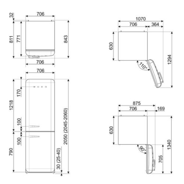 Külmik smeg, 50-ndate stiil, 205 cm, 344/137 l, 37 db, puutetundlik juhtimine, nofrost, kreem