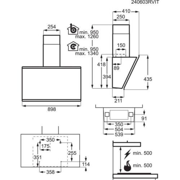 Õhupuhastaja aeg, seina, 90 cm, hob2hood, max 55 db, 760 m3/h, matt must