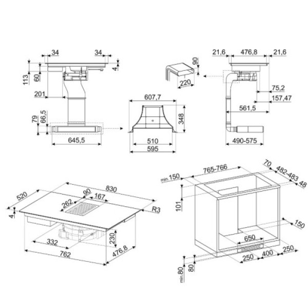 Õhupuhastiga pliidiplaat smeg, 4 x induktsioon, 83 cm, 700 m3/h, 65 db, lõigatud serv, neptuun hall Kodumasinad