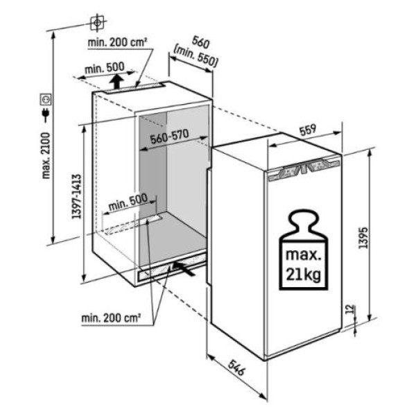 Jahekapp liebherr, integreeritav, 140 cm, 225 l, 32 db, valge