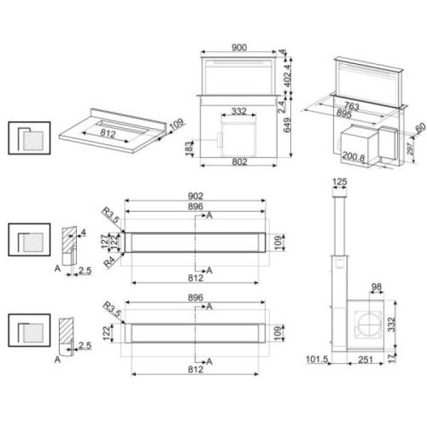 Tööpinna õhupuhastaja smeg linea, 90 cm, 720 m3/h, min 43 db/max 68db, must harjatud teras/must klaas